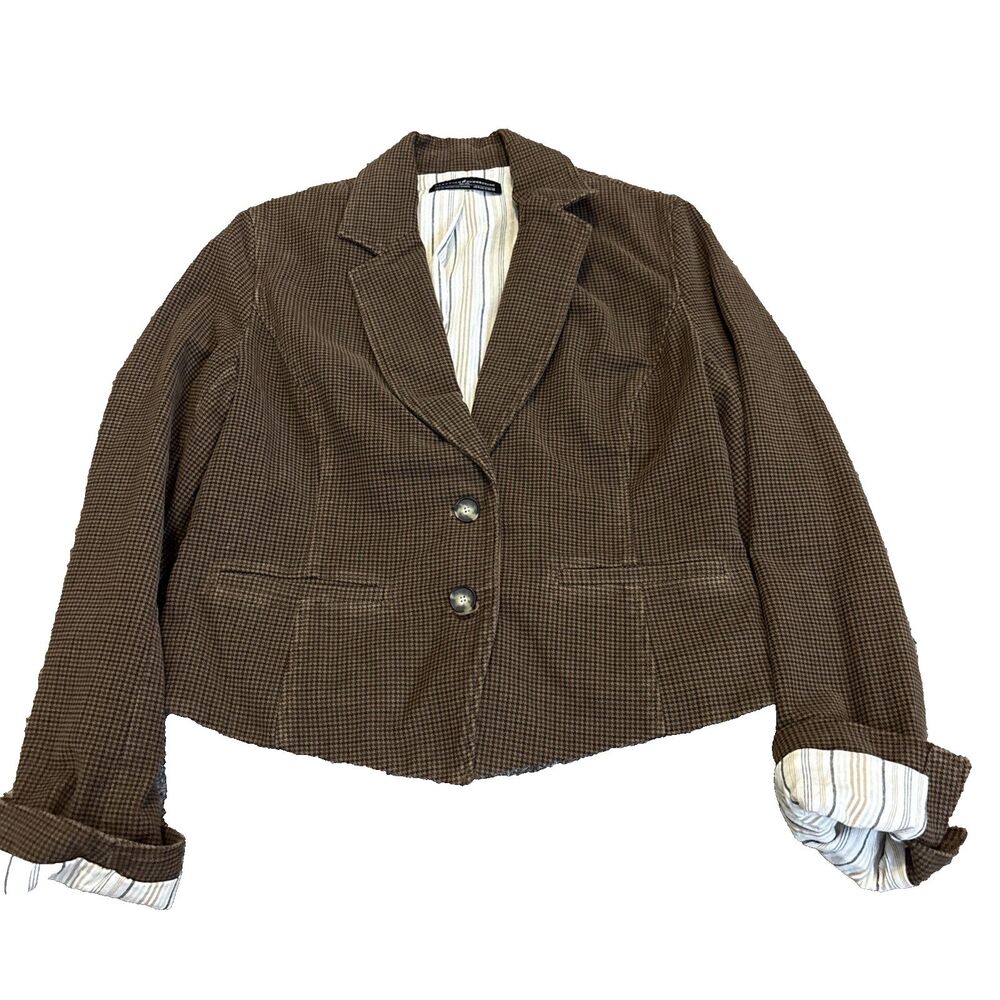 Peruvian Connection Blazer Jacket Tan and Black Houndstooth Plaid US8 Career